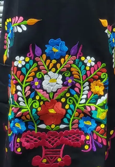 Canasta de flores bordada a mano en hilos de colores sobre tela negra
