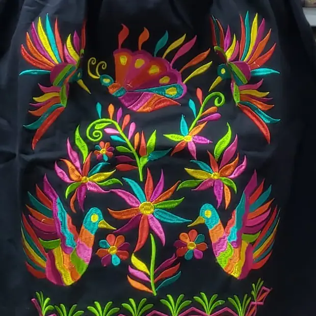 Bordado de aves y mariposa en colores vivos sobre tela negra